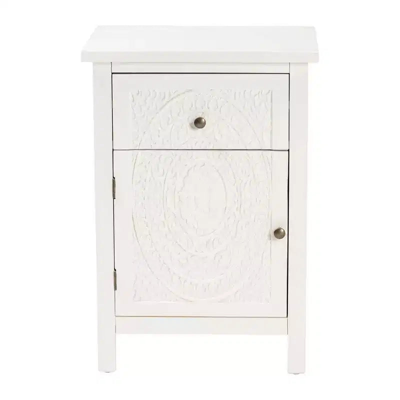 Lambert Wood 1 Drawer Nightstand White - Baxton Studio: Traditional Storage with Antique Finish, Metallic Silver Hardware