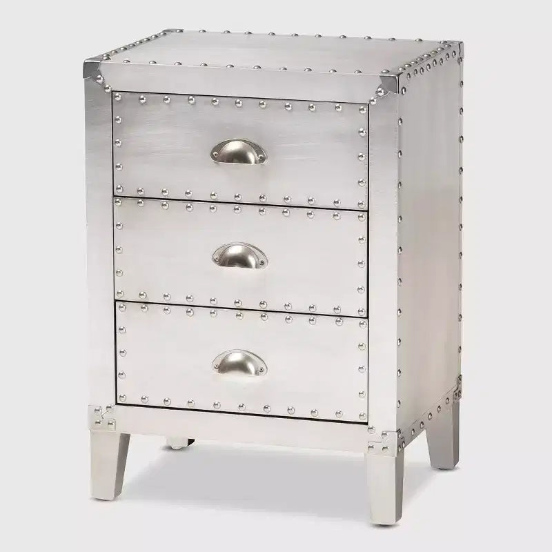 Claude Metal 3 Drawer Nightstand Silver - Baxton Studio: Vintage-Inspired, Rivet Detail, Fully Assembled