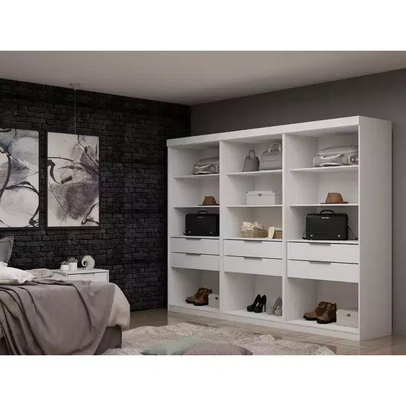Set di 3 Mobili Mulberry Aperti a 3 Sezioni Bianchi - Manhattan Comfort: Composito in MDF, 12 Ripiani, 6 Cassetti