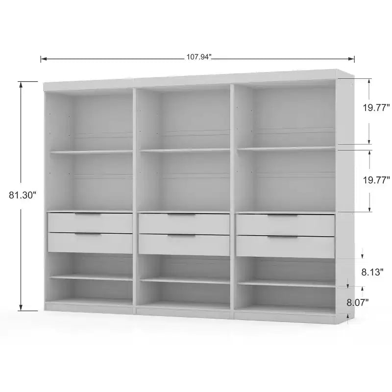 Set di 3 Mobili Mulberry Aperti a 3 Sezioni Bianchi - Manhattan Comfort: Composito in MDF, 12 Ripiani, 6 Cassetti