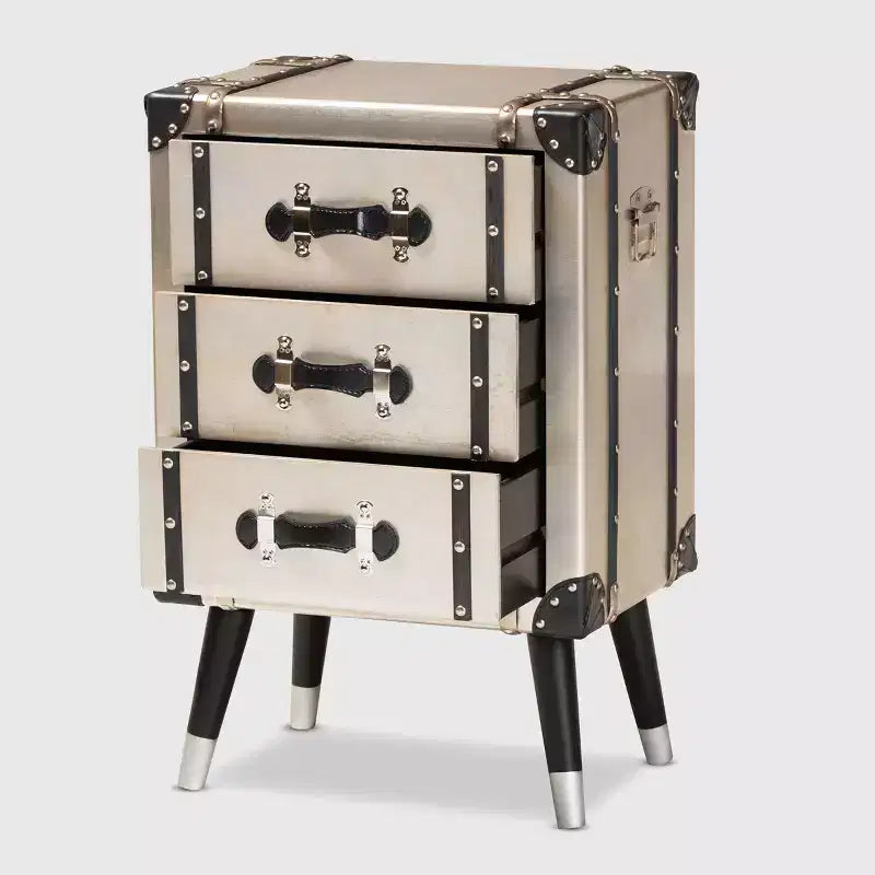 Dilan Comodino a 3 cassetti in metallo crema chiaro/nero - Baxton Studio: Comodino contenitore stile vintage