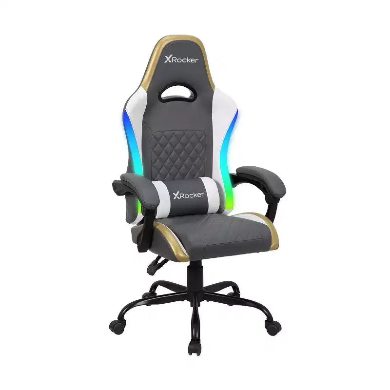 X Rocker Sedia Gaming per PC Ergonomica con LED RGB, Comfort Extra, Grigio/Bianco/Oro