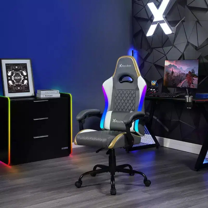 X Rocker Sedia Gaming per PC Ergonomica con LED RGB, Comfort Extra, Grigio/Bianco/Oro