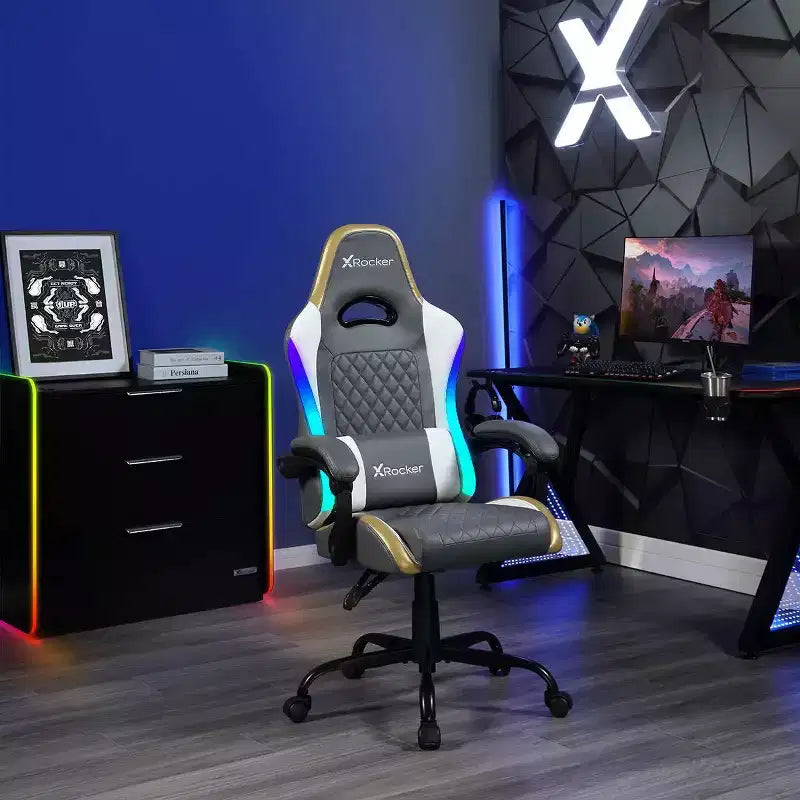 X Rocker Sedia Gaming per PC Ergonomica con LED RGB, Comfort Extra, Grigio/Bianco/Oro