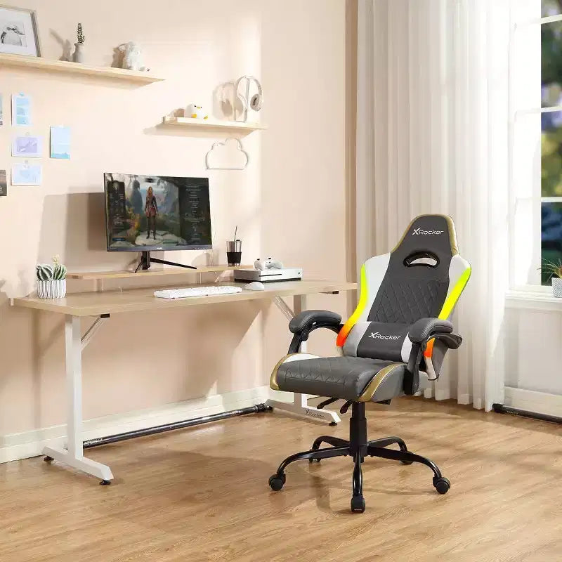 X Rocker Sedia Gaming per PC Ergonomica con LED RGB, Comfort Extra, Grigio/Bianco/Oro