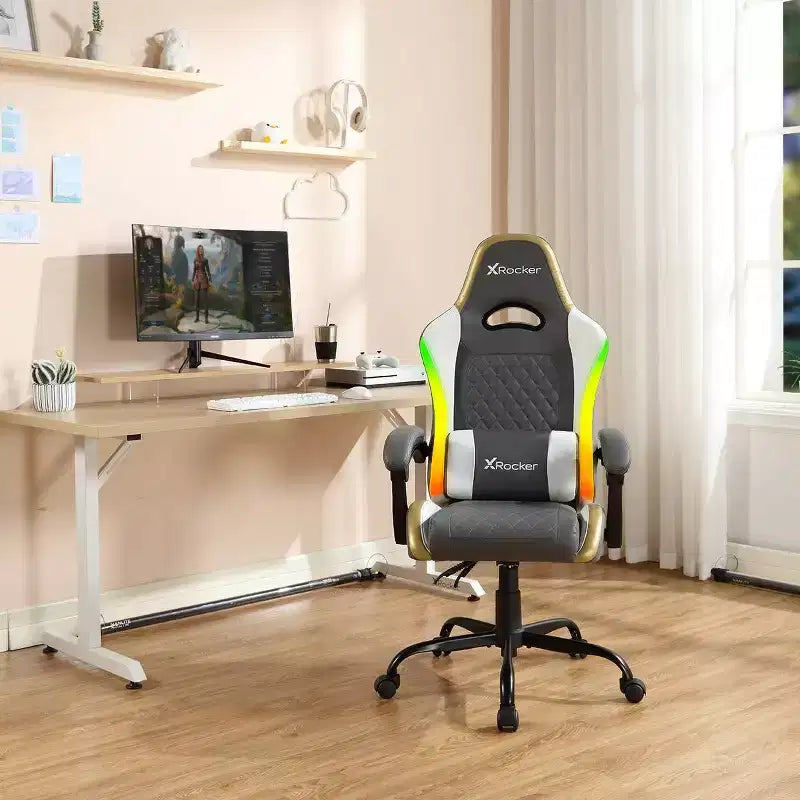 X Rocker Sedia Gaming per PC Ergonomica con LED RGB, Comfort Extra, Grigio/Bianco/Oro