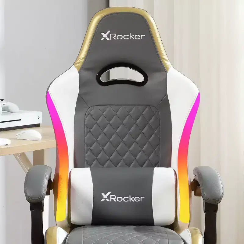 X Rocker Sedia Gaming per PC Ergonomica con LED RGB, Comfort Extra, Grigio/Bianco/Oro