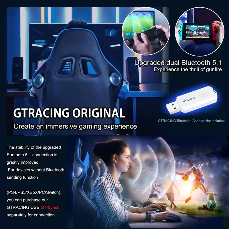 Sedia da gaming GTRACING con altoparlanti Bluetooth, sedia da ufficio in PU con schienale alto, colore blu