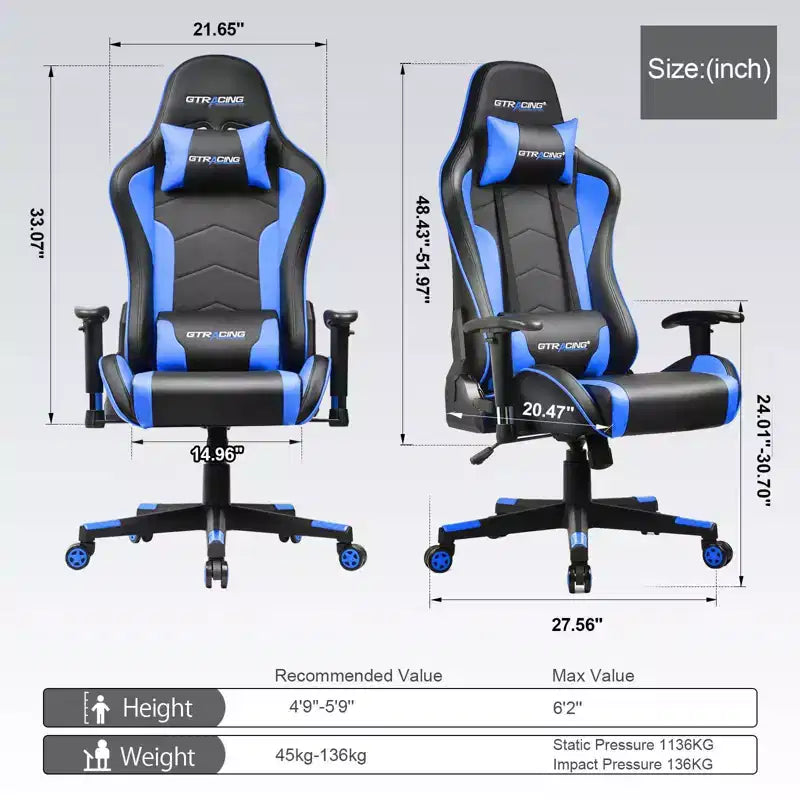 Sedia da gaming GTRACING con altoparlanti Bluetooth, sedia da ufficio in PU con schienale alto, colore blu