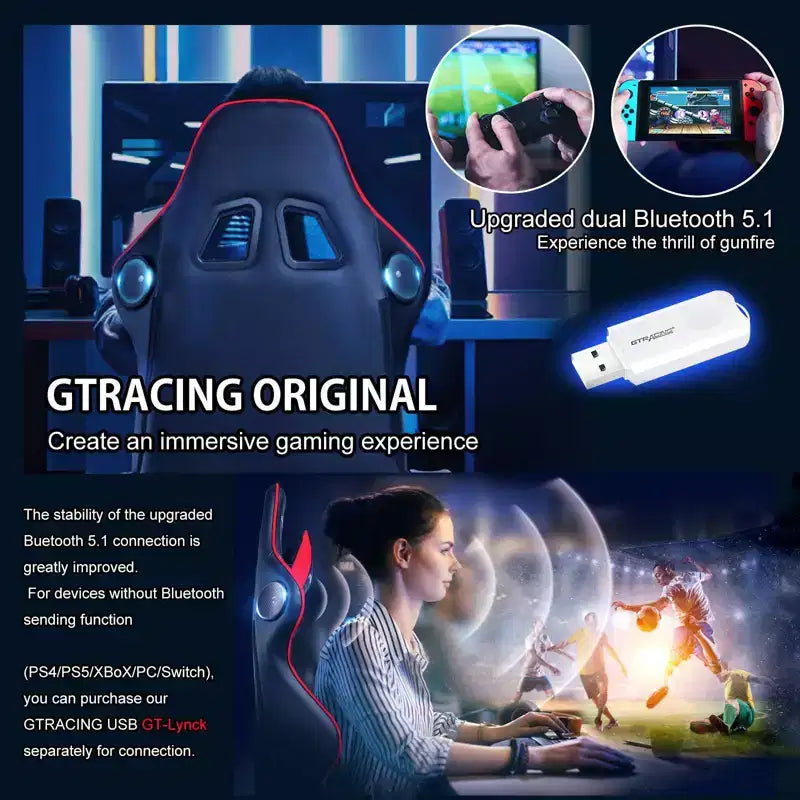 Sedia da gaming GTRACING con altoparlanti Bluetooth, sedia da ufficio con schienale alto in PU, rossa