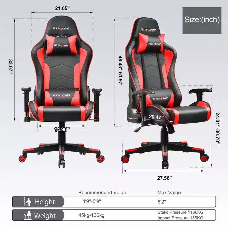 Sedia da gaming GTRACING con altoparlanti Bluetooth, sedia da ufficio con schienale alto in PU, rossa