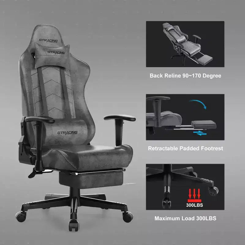 Sedia da gaming GTRACING con poggiapiedi, sedia da ufficio ergonomica reclinabile con supporto lombare, grigia