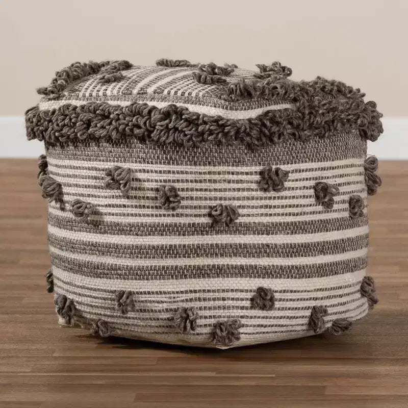 Pouf ottomano Eligah in lana intrecciata a mano, stile marocchino, avorio/marrone - Baxton Studio