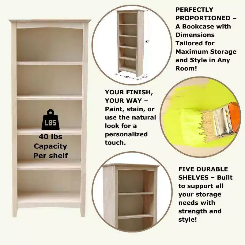 Libreria Shaker non finita 60"x24" - International Concepts: 5 ripiani, legno di gomma, schienale chiuso, ripiani regolabili
