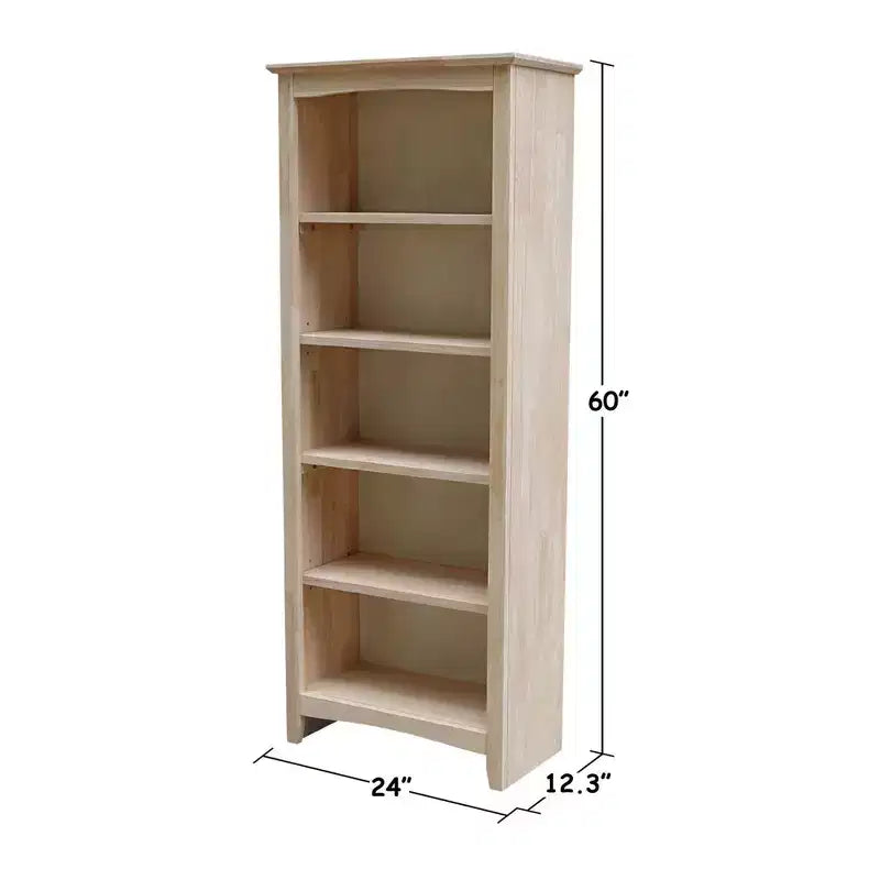 Libreria Shaker non finita 60"x24" - International Concepts: 5 ripiani, legno di gomma, schienale chiuso, ripiani regolabili