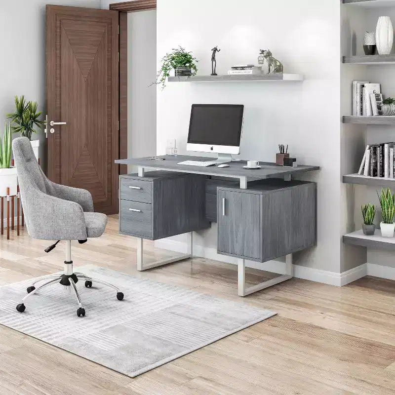 Scrivania da ufficio moderna con contenitore grigia - Techni Mobili: Eleganti gambe in metallo, schedario, piano flottante