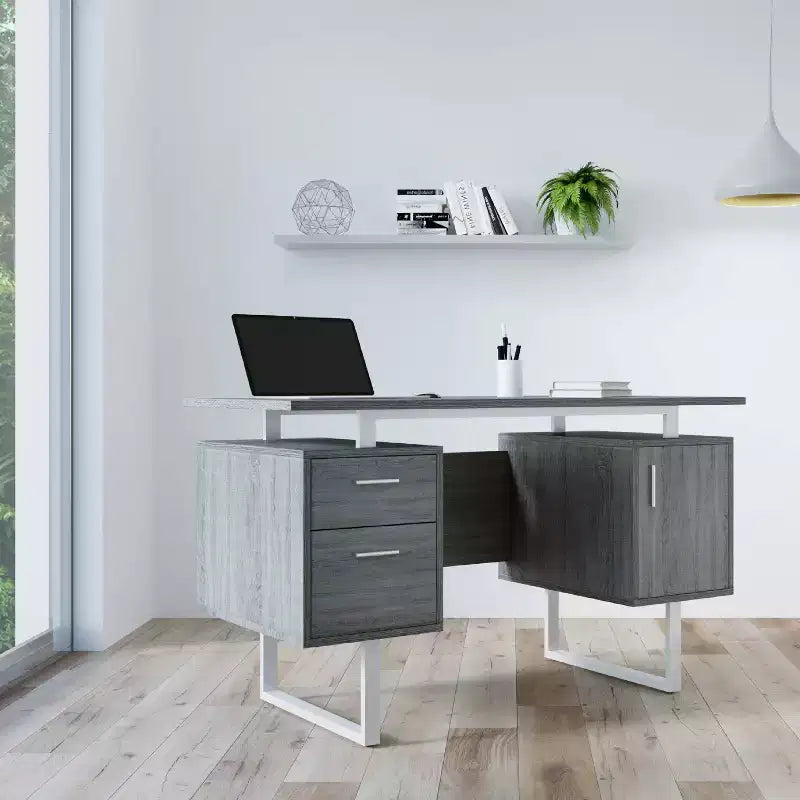 Scrivania da ufficio moderna con contenitore grigia - Techni Mobili: Eleganti gambe in metallo, schedario, piano flottante