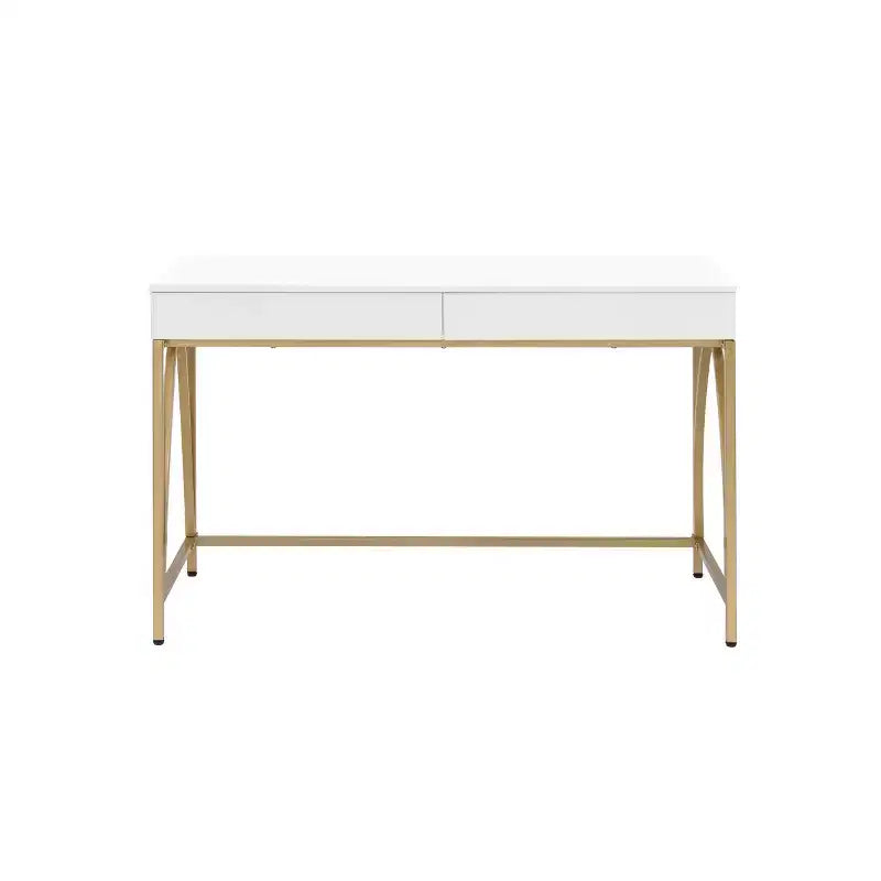 Scrivania Light Mane Bianco Lucido/Oro - Acme Furniture: 31" A, 2 Cassetti, Struttura in Metallo, 47" L