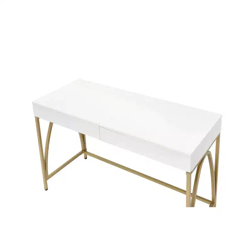 Scrivania Light Mane Bianco Lucido/Oro - Acme Furniture: 31" A, 2 Cassetti, Struttura in Metallo, 47" L