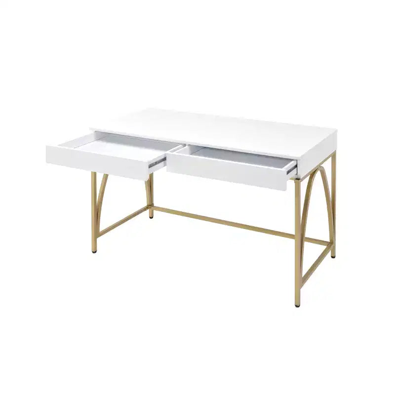 Scrivania Light Mane Bianco Lucido/Oro - Acme Furniture: 31" A, 2 Cassetti, Struttura in Metallo, 47" L
