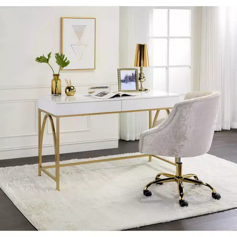 Scrivania Light Mane Bianco Lucido/Oro - Acme Furniture: 31" A, 2 Cassetti, Struttura in Metallo, 47" L