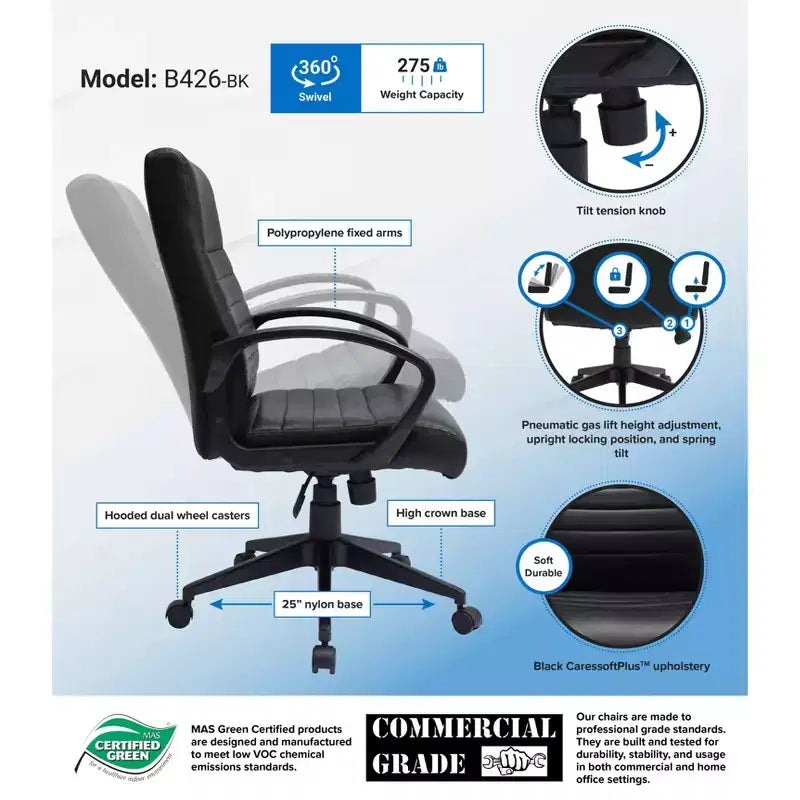 Sedia da ufficio Boss Office Products con schienale a coste, nera: ergonomica con supporto lombare, altezza regolabile e braccioli fissi