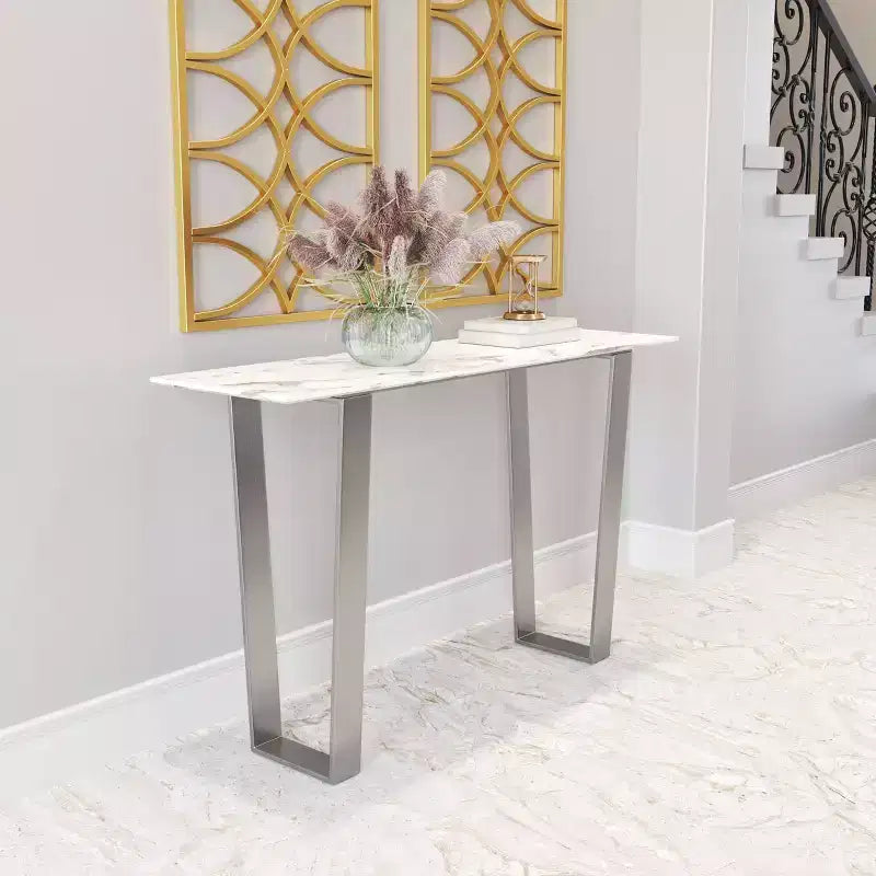 Modern Rectangular Faux Marble Console Table - Stone, Brushed Stainless Steel - Zm Home