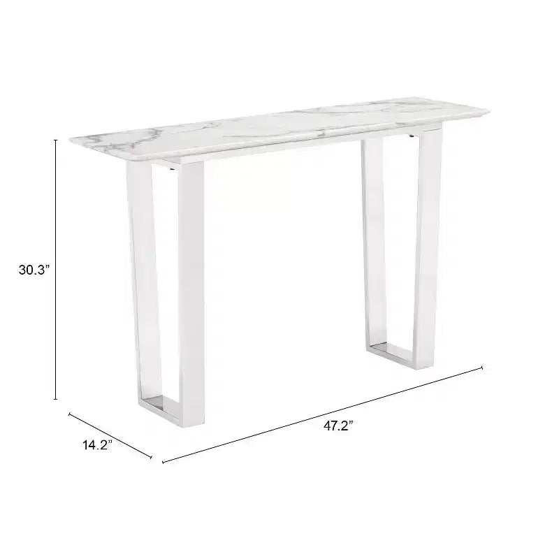 Modern Rectangular Faux Marble Console Table - Stone, Brushed Stainless Steel - Zm Home