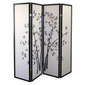 4 Panel Room Divider Bamboo - Ore International: Hardwood Spruce Frame, Botanical Floral Tree Design, No Assembly Required