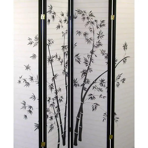 Divisorio per Ambienti a 4 Pannelli in Bambù - Ore International: Struttura in Abete di Legno Duro, Design Floreale Botanico con Alberi, Nessun Montaggio Richiesto