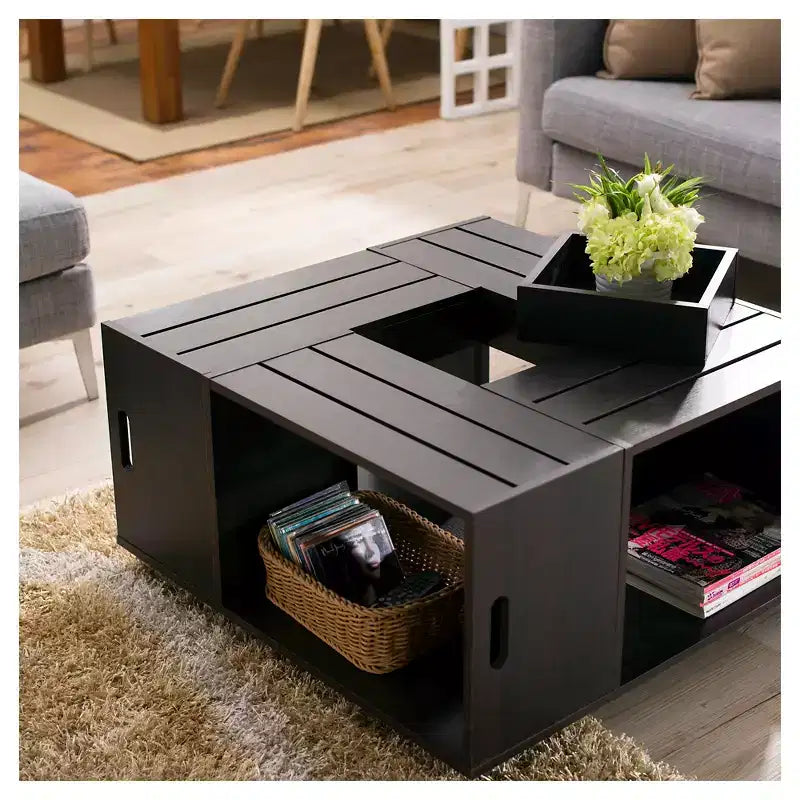 Roseline Modern Crate Box Inspired Coffee Table Espresso - HOMES: Inside + Out: Square Design, Movable, Storage Compartments