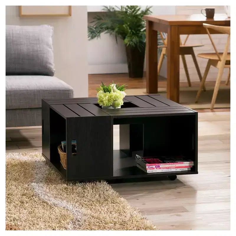 Roseline Modern Crate Box Inspired Coffee Table Espresso - HOMES: Inside + Out: Square Design, Movable, Storage Compartments