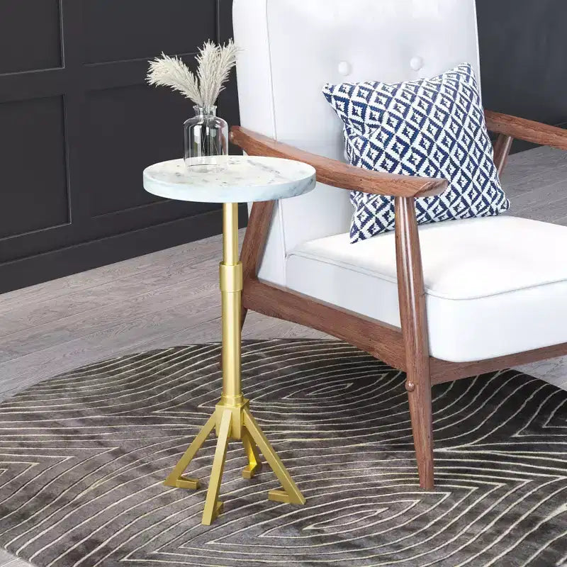 Augustus Side Table Marble White - ZM Home: Modern Round Iron Frame, Gold Finish, 22" Height, 11" Width, 45 lbs Capacity