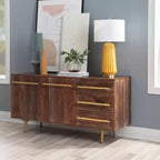 Consolle portaoggetti Adair Mid Century Modern 58" in legno massello con maniglia dorata 2 ante 3 cassetti Marrone - Powell: Tavolo da ingresso in acacia con ferramenta in ferro