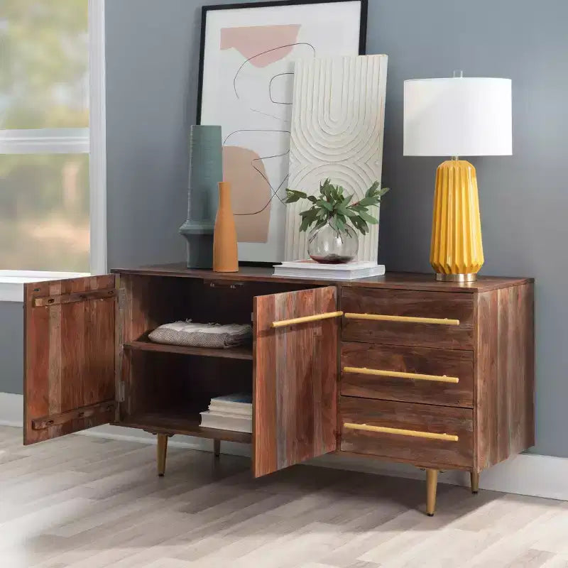 Consolle portaoggetti Adair Mid Century Modern 58" in legno massello con maniglia dorata 2 ante 3 cassetti Marrone - Powell: Tavolo da ingresso in acacia con ferramenta in ferro