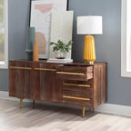 Consolle portaoggetti Adair Mid Century Modern 58" in legno massello con maniglia dorata 2 ante 3 cassetti Marrone - Powell: Tavolo da ingresso in acacia con ferramenta in ferro