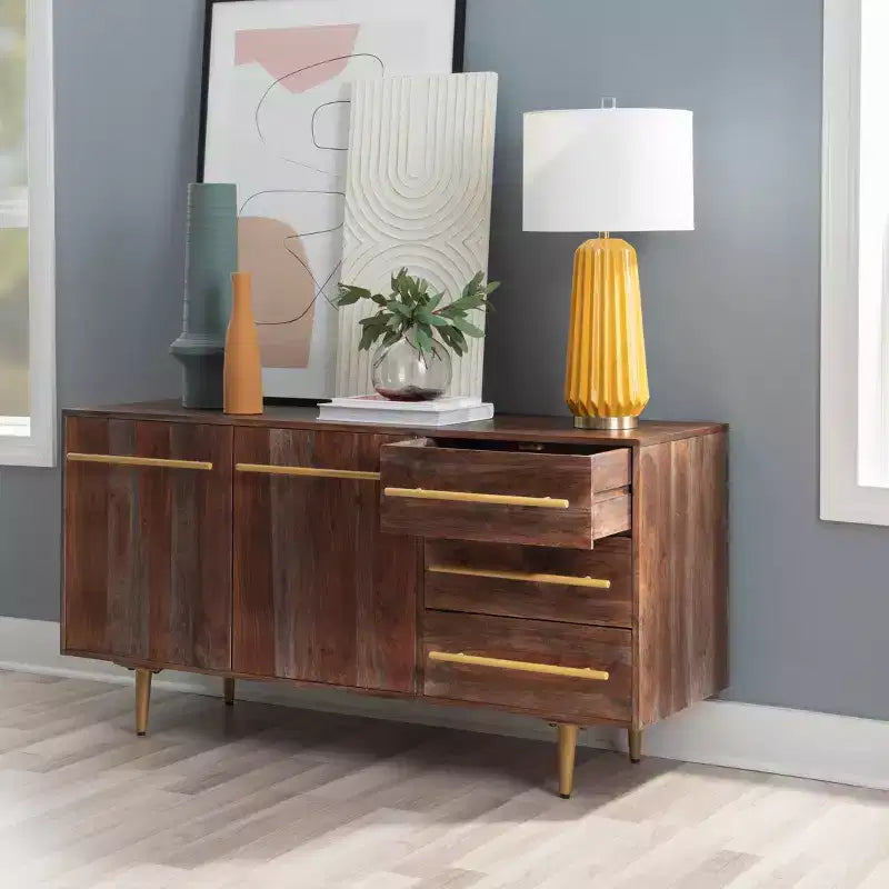 Consolle portaoggetti Adair Mid Century Modern 58" in legno massello con maniglia dorata 2 ante 3 cassetti Marrone - Powell: Tavolo da ingresso in acacia con ferramenta in ferro