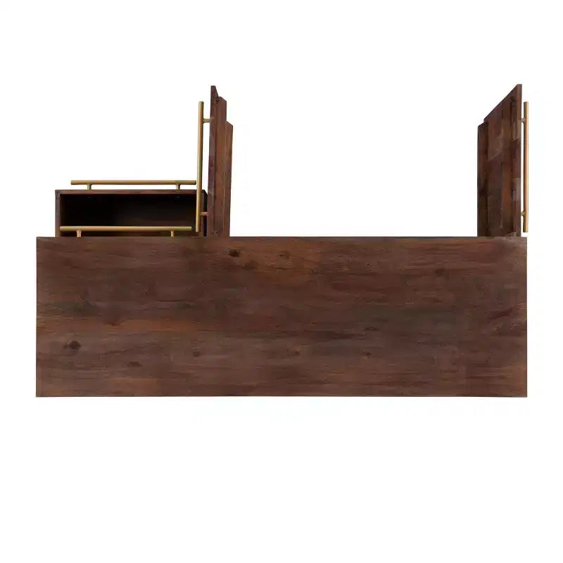 Consolle portaoggetti Adair Mid Century Modern 58" in legno massello con maniglia dorata 2 ante 3 cassetti Marrone - Powell: Tavolo da ingresso in acacia con ferramenta in ferro