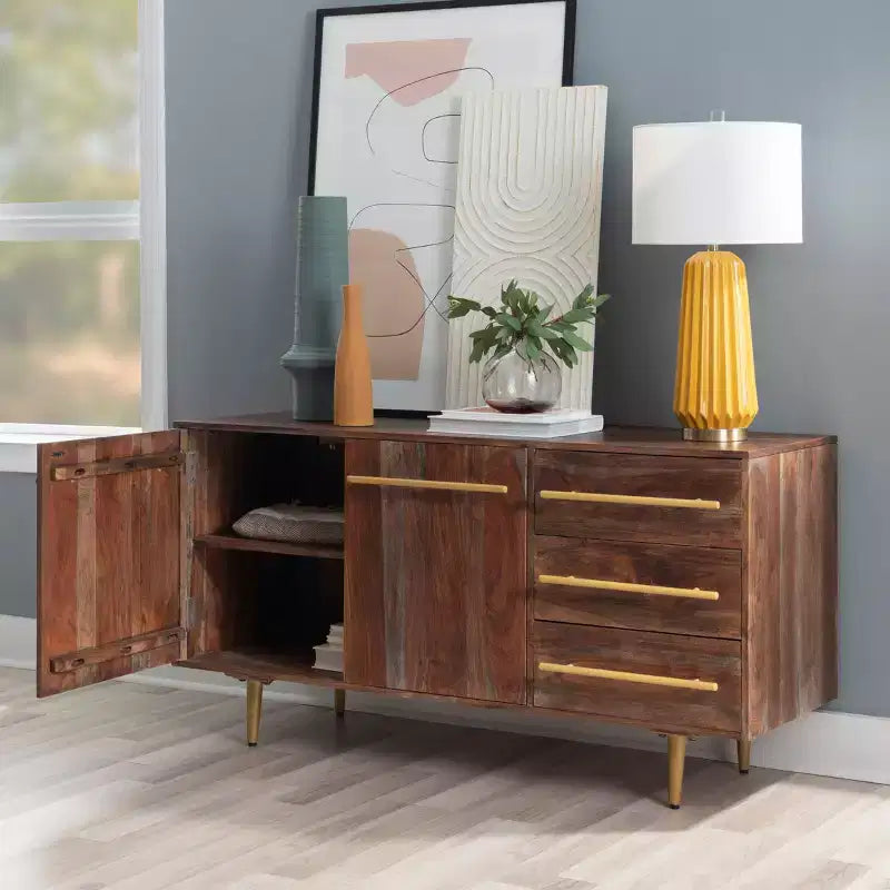Consolle portaoggetti Adair Mid Century Modern 58" in legno massello con maniglia dorata 2 ante 3 cassetti Marrone - Powell: Tavolo da ingresso in acacia con ferramenta in ferro