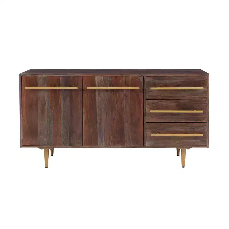 Consolle portaoggetti Adair Mid Century Modern 58" in legno massello con maniglia dorata 2 ante 3 cassetti Marrone - Powell: Tavolo da ingresso in acacia con ferramenta in ferro