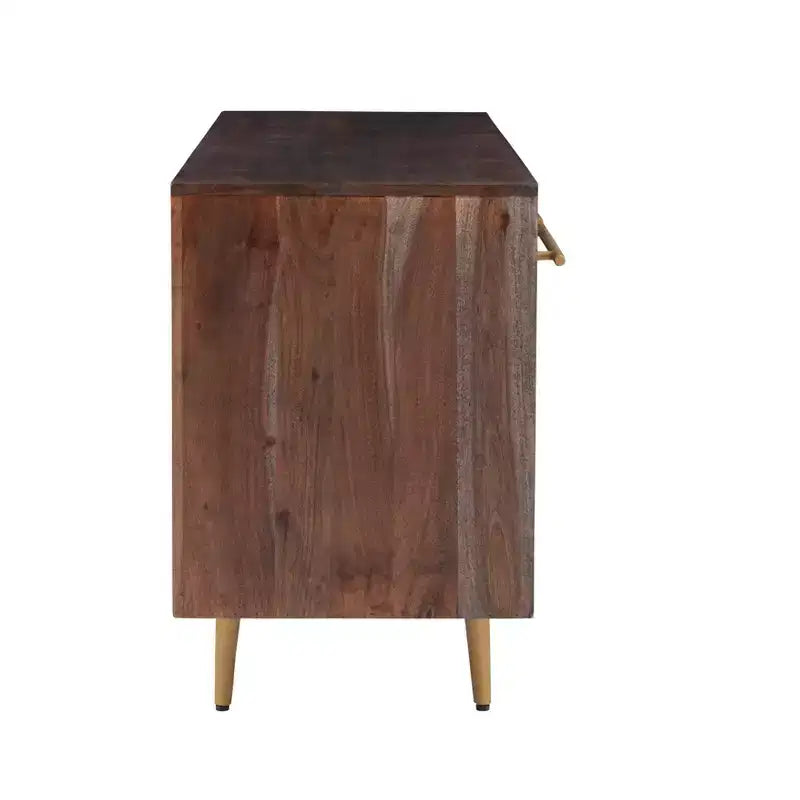 Consolle portaoggetti Adair Mid Century Modern 58" in legno massello con maniglia dorata 2 ante 3 cassetti Marrone - Powell: Tavolo da ingresso in acacia con ferramenta in ferro