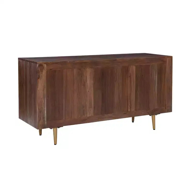 Consolle portaoggetti Adair Mid Century Modern 58" in legno massello con maniglia dorata 2 ante 3 cassetti Marrone - Powell: Tavolo da ingresso in acacia con ferramenta in ferro