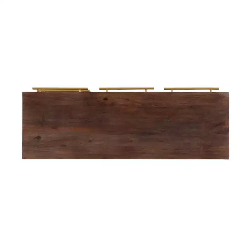 Consolle portaoggetti Adair Mid Century Modern 58" in legno massello con maniglia dorata 2 ante 3 cassetti Marrone - Powell: Tavolo da ingresso in acacia con ferramenta in ferro