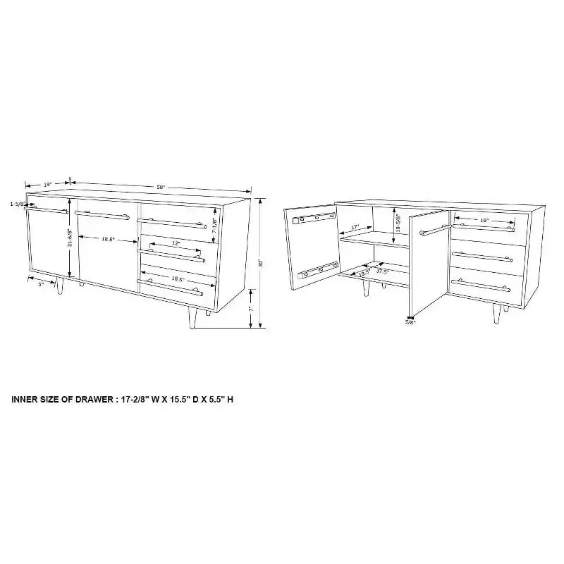 Consolle portaoggetti Adair Mid Century Modern 58" in legno massello con maniglia dorata 2 ante 3 cassetti Marrone - Powell: Tavolo da ingresso in acacia con ferramenta in ferro