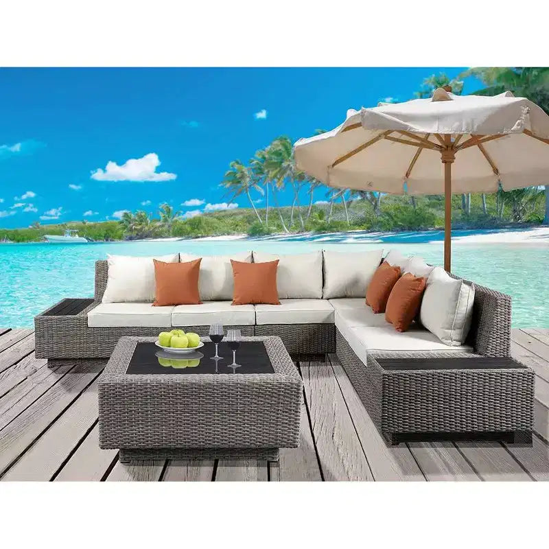 33" Salena Coffee Table Beige Fabric/Gray Wicker - Acme Furniture: Outdoor Square Aluminum Frame