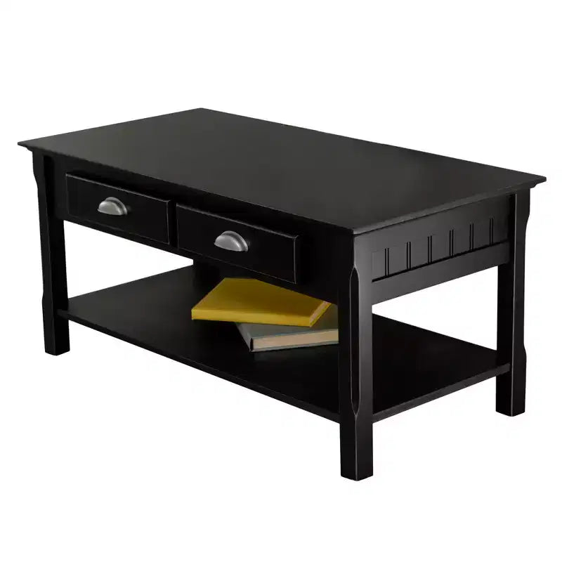 Tavolino Timer con cassetti e ripiano - Nero - Winsome: Legno massello, Dettagli maniglie cromate