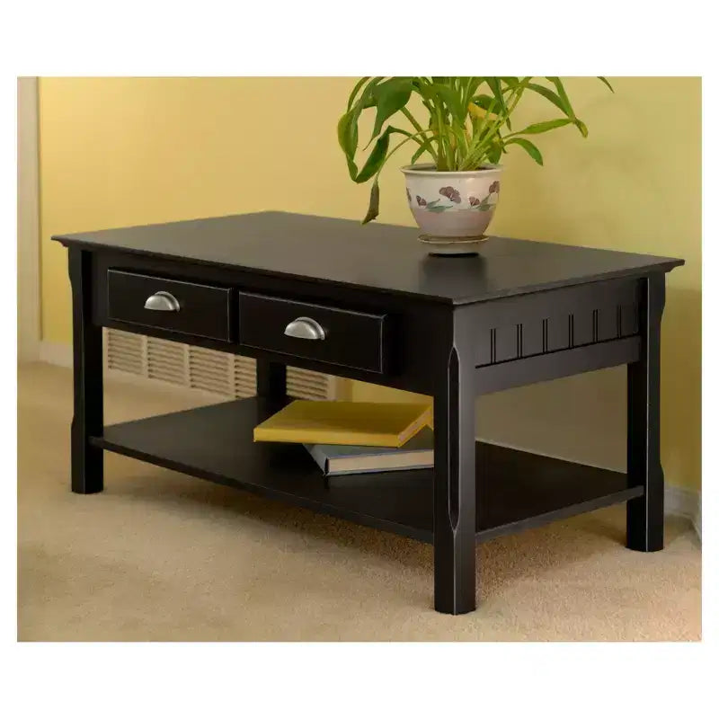 Tavolino Timer con cassetti e ripiano - Nero - Winsome: Legno massello, Dettagli maniglie cromate