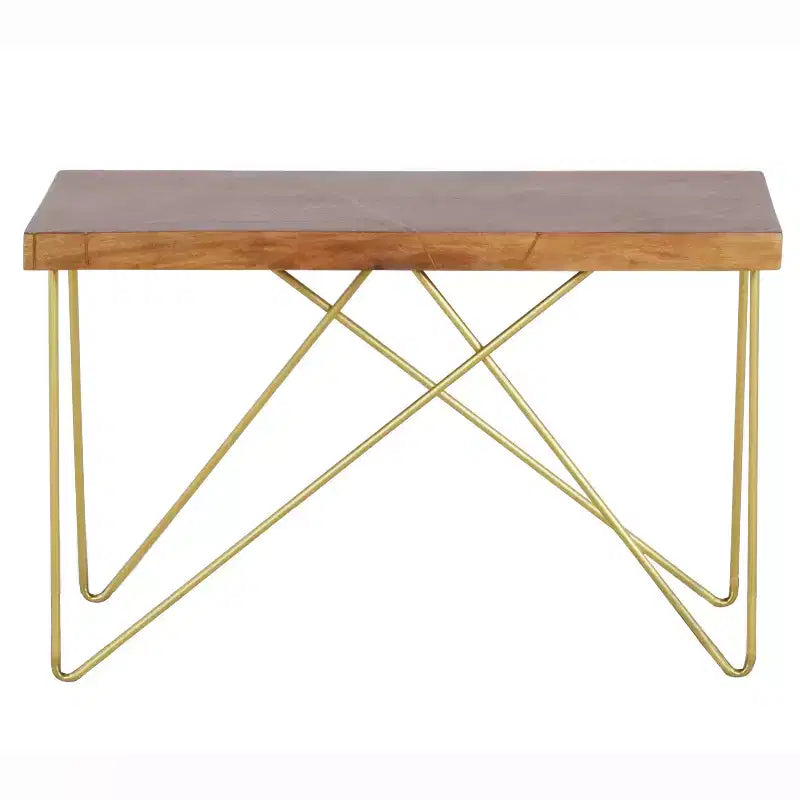 Steve Silver Walter Sofa Table Mango Wood Top with Brass Inlay and Base: Crisscross Metal Legs, Wood Veneer, Modern Glam Design