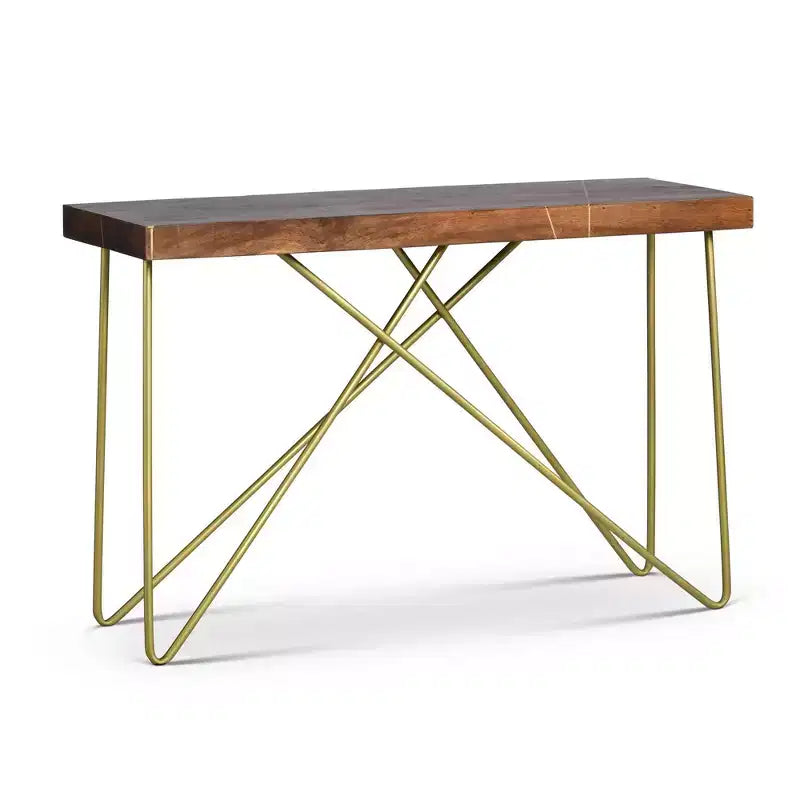 Steve Silver Walter Tavolino da Divano con Piano in Legno di Mango, Intarsi e Base in Ottone: Gambe Metalliche Incrociate, Impiallacciatura in Legno, Design Moderno Glam
