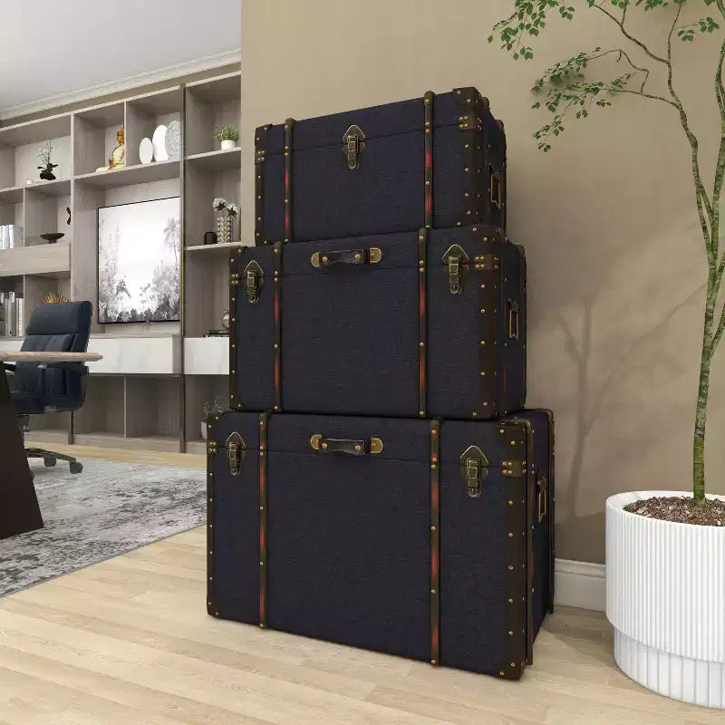 Set of 3 Traditional Wood Trunks Blue - Olivia & May: Upholstered, Linen, Leather, Brass Finishes, No Assembly Required